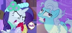 Size: 550x253 | Tagged: safe, screencap, rarity, screw loose, pony, unicorn, a canterlot wedding, read it and weep, comparison, faic, hub logo, insanity, rarisnap