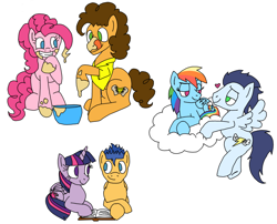 Size: 1024x828 | Tagged: safe, artist:sweeneytoddfan7, derpibooru import, cheese sandwich, flash sentry, pinkie pie, rainbow dash, soarin', twilight sparkle, twilight sparkle (alicorn), alicorn, earth pony, pegasus, pony, cheesepie, female, flashlight, male, mare, old cutie mark, shipping, soarindash, straight