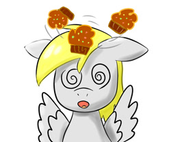 Size: 1200x1000 | Tagged: safe, artist:sfear222, derpy hooves, pegasus, pony, circling stars, female, mare, muffin, pixiv, solo