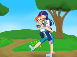 Size: 600x450 | Tagged: safe, artist:fallenangel5414, derpibooru import, rainbow dash, twilight sparkle, human, clothes, eyes closed, female, humanized, lesbian, multicolored hair, piggyback ride, shipping, smiling, tree, twidash