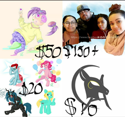 Size: 1080x1015 | Tagged: safe, ocellus, pinkie pie, queen chrysalis, oc, changedling, changeling, changeling queen, earth pony, human, pony, advertisement, bust, commission info, fangs, female, irl, mare, middle feather, middle finger, photo, portrait, signature, vulgar, wing hands