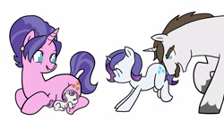 Size: 3700x2000 | Tagged: safe, artist:kianamai, cookie crumbles, hondo flanks, rarity, sweetie belle, pony, unicorn, baby, baby belle, baby pony, butt touch, cookieflanks, cute, eyes closed, foal, kilala97 is trying to murder us, newborn, open mouth, prone, pushing, raised hoof, raised leg, rarity's parents, rump push, sleeping, smiling, teenager, underhoof, wide eyes, younger