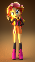 Size: 756x1344 | Tagged: safe, artist:creatorofpony, artist:jarg1994, sunset shimmer, equestria girls, 3d, 3d model, blender, boots, clothes, jacket, leather jacket, open mouth, skirt, solo, waving