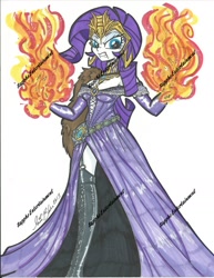 Size: 1205x1557 | Tagged: safe, artist:ponygoddess, rarity, equestria girls, angry, colored skin, fire, humanized, liliana vess, magic the gathering, necromancer, planeswalker, solo