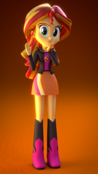 Size: 1080x1920 | Tagged: safe, artist:creatorofpony, artist:rjrgmc28, sunset shimmer, equestria girls, 3d, 3d model, blender, boots, clothes, cute, leather jacket, shimmerbetes, skirt, smiling, solo, waving