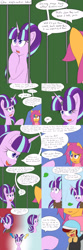 Size: 1600x4800 | Tagged: safe, artist:jake heritagu, scootaloo, starlight glimmer, oc, oc:lightning blitz, pegasus, pony, comic:ask motherly scootaloo, alternate timeline, baby, baby carrier, baby pony, bars, clothes, colt, comic, dialogue, drool, hairpin, horn ring, jail, leaf, magic suppression, male, motherly scootaloo, offspring, older, older scootaloo, parent:rain catcher, parent:scootaloo, parents:catcherloo, scarf, sleeping, smug, smuglight glimmer, speech bubble, sweatshirt