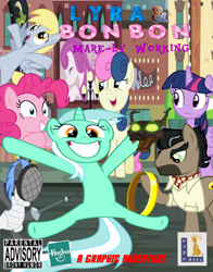 Size: 640x818 | Tagged: safe, artist:spongebat1, bon bon, derpy hooves, doctor caballeron, lyra heartstrings, pinkie pie, sweetie drops, twilight sparkle, earth pony, pegasus, pony, timber wolf, female, fencing, game, lucasarts, manehattan, mare, parental advisory, point and click, video game