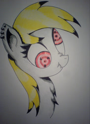 Size: 1145x1571 | Tagged: safe, artist:astmainhaler, derpy hooves, pegasus, pony, female, mare, naruto, scrunchy face, sharingan, solo