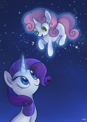 Size: 462x648 | Tagged: safe, artist:mn27, rarity, sweetie belle, pony, unicorn, female, filly, levitation, night, sisters, stars