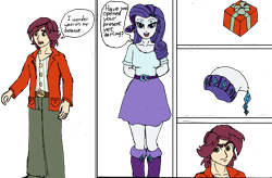 Size: 1799x1179 | Tagged: safe, artist:kurobisu, normal norman, rarity, equestria girls, /mlp/, background human, beanie, box, colored, comic, dialogue, hat, present, speech bubble, unamused