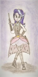 Size: 476x968 | Tagged: safe, artist:brogararts, starlight glimmer, human, gun, humanized, looking at you, no trigger discipline, solo, steampunk, traditional art, weapon