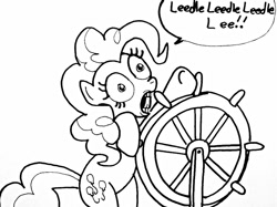 Size: 950x710 | Tagged: safe, artist:lady-of-ratatosk, pinkie pie, earth pony, pony, faic, leedle leedle leedle lee, monochrome, parody, shanghaied, simple background, solo, spongebob squarepants, steering wheel