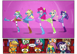 Size: 616x432 | Tagged: safe, derpibooru import, edit, idw, apple bloom, applejack, babs seed, fluttershy, pinkie pie, rainbow dash, rarity, equestria girls, spoiler:comic, applejack is not amused, audience reaction, comic, equestria girls drama, exploitable, mane six, my eyes, template, the horror