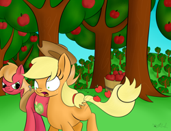 Size: 1300x1000 | Tagged: safe, artist:rodolfomushi, applejack, big macintosh, earth pony, pony, applebucking, male, stallion