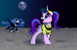 Size: 1000x650 | Tagged: safe, artist:xbi, nightmare moon, starlight glimmer, alicorn, pony, unicorn, 30 minute art challenge, camera, earth, hat, moon, spread wings, tourist, wings