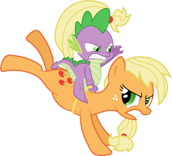 Size: 3000x2708 | Tagged: safe, artist:sulyo, applejack, spike, dragon, earth pony, pony, applespike, bucking, female, hatless, male, missing accessory, riding, rodeo, shipping, simple background, straight, transparent background, vector