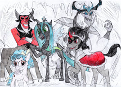 Size: 3439x2466 | Tagged: safe, artist:reptileman778, cozy glow, king sombra, lord tirek, queen chrysalis, storm king, centaur, changeling, changeling queen, pegasus, pony, unicorn, yeti, my little pony: the movie, spoiler:s09, antagonist, armor, bow, cape, clothes, cloven hooves, colored hooves, crossed arms, curved horn, evil, evil grin, female, filly, grin, hair bow, horn, horns, jewelry, legion of doom, male, nose piercing, nose ring, open mouth, piercing, raised hoof, regalia, smiling, stallion, story included, tail bow, traditional art, villains of equestria