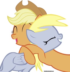 Size: 621x640 | Tagged: safe, artist:misteraibo, applejack, derpy hooves, earth pony, pegasus, pony, female, friendshipping, hug, mare, simple background, vector, white background