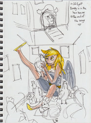 Size: 2450x3294 | Tagged: safe, artist:asterdog, derpy hooves, chicken, human, may the best pet win, animal, chicken coop, humanized, inside, light skin, partial color, scene interpretation, traditional art