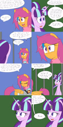 Size: 1600x3200 | Tagged: safe, artist:jake heritagu, scootaloo, starlight glimmer, oc, oc:lightning blitz, pegasus, pony, comic:ask motherly scootaloo, baby, baby carrier, baby pony, bars, clothes, colt, comic, dialogue, female, hairpin, holding a pony, horn ring, magic suppression, male, mother and child, mother and son, motherly scootaloo, offspring, older, older scootaloo, parent and child, parent:rain catcher, parent:scootaloo, parents:catcherloo, scarf, sleeping, smug, smuglight glimmer, speech bubble, sweater, sweatshirt