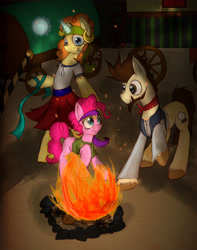 Size: 4984x6321 | Tagged: safe, artist:xenalollie, pinkie pie, pound cake, pumpkin cake, earth pony, pony, friendship is witchcraft, absurd resolution, bipedal, fire, gypsy pie, older, romani