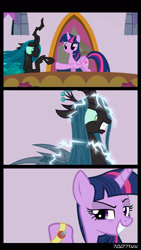 Size: 1288x2282 | Tagged: safe, edit, edited screencap, editor:teren rogriss, screencap, pinkie pie, queen chrysalis, twilight sparkle, twilight sparkle (alicorn), alicorn, changeling, changeling queen, earth pony, pony, comic, electrocution, female, floppy ears, green eyes, grin, gritted teeth, hooves, horn, joy buzzer, mare, screencap comic, shocker, smiling, wings