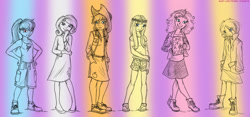 Size: 1800x840 | Tagged: safe, artist:kaemantis, derpibooru import, applejack, fluttershy, pinkie pie, rainbow dash, rarity, sunset shimmer, equestria girls, clothes, converse, line-up, shoes, sketch, sneakers