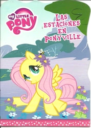 Size: 1037x1455 | Tagged: safe, fluttershy, bee, pegasus, pony, book, flower, spanish