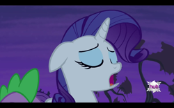 Size: 1680x1050 | Tagged: safe, screencap, rarity, spike, dragon, pony, unicorn, bats!, eyes closed, hub logo, hubble, night, out of context, the hub, tree