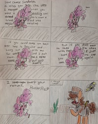 Size: 1475x1858 | Tagged: safe, cheese sandwich, derpy hooves, pinkie pie, earth pony, pegasus, pony, blushing, cheesepie, comic, female, letter, male, mare, shipping, straight, traditional art