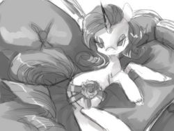 Size: 640x480 | Tagged: safe, artist:loyaldis, rarity, pony, unicorn, grayscale, monochrome, ribbon, sofa, solo