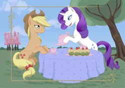 Size: 1066x750 | Tagged: safe, artist:moongazer, applejack, rarity, earth pony, pony, unicorn, rarijack, shipping, tea party