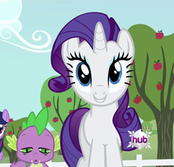 Size: 1124x1080 | Tagged: safe, screencap, rarity, spike, dragon, pony, unicorn, bats!, apple tree, cropped, duo focus, female, hub logo, male, mare, mid-blink screencap, out of context, tree