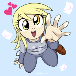 Size: 1000x1000 | Tagged: safe, artist:girgrunny, derpy hooves, human, blue background, cute, derpabetes, envelope, female, heart, humanized, letter, light skin, looking at you, simple background, solo