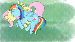 Size: 1024x576 | Tagged: safe, artist:exxticcy, derpibooru import, fluttershy, rainbow dash, pegasus, pony, female, flutterdash, legs in air, shading, shipping, sleeping, sleepy, warm, watercolor painting