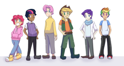 Size: 2800x1500 | Tagged: safe, artist:looji, applejack, applejack (male), bubble berry, butterscotch, dusk shine, elusive, fluttershy, pinkie pie, rarity, twilight sparkle, converse, facial hair, humanized, line-up, mane six, rule 63, shoes