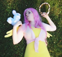 Size: 559x512 | Tagged: safe, artist:mintyblitzz, angel bunny, fluttershy, human, cosplay, female, flower, irl, irl human, photo, solo