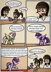 Size: 1240x1754 | Tagged: safe, artist:rambopvp, fluttershy, starlight glimmer, twilight sparkle, twilight sparkle (alicorn), alicorn, human, comic, dialogue, reenactment, toy