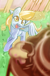 Size: 1600x2432 | Tagged: safe, artist:chingilin, derpy hooves, pegasus, pony, chocolate fountain, female, food, fountain, mare, muffin, scene interpretation, solo