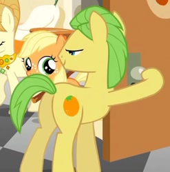 Size: 593x601 | Tagged: safe, screencap, applejack, aunt orange, mosely orange, uncle orange, earth pony, pony, the cutie mark chronicles, door, female, filly, hoof hold, lidded eyes, male, mare, out of context, plot, stallion, younger