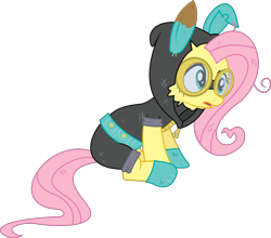 Size: 4928x4332 | Tagged: safe, artist:lightningbolt, fluttershy, pegasus, pony, absurd resolution, bunny ears, clothes, dangerous mission outfit, hoodie, simple background, solo, transparent background