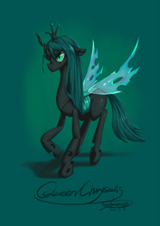 Size: 2479x3508 | Tagged: safe, artist:jatewg, queen chrysalis, changeling, changeling queen, crown, female, green background, high res, jewelry, regalia, simple background, solo