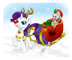 Size: 837x700 | Tagged: safe, artist:pia-sama, rarity, spike, dragon, pony, unicorn, christmas, female, fire ruby, harness, hat, male, red nose, reindeer antlers, santa hat, shipping, sleigh, snow, snowfall, sparity, straight