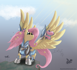 Size: 5000x4500 | Tagged: safe, artist:d-sixzey, fluttershy, butterfly, pegasus, pony, absurd resolution, armor, flower, flower in hair, frown, glare, looking up, solo, spread wings