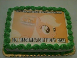 Size: 600x450 | Tagged: safe, applejack, earth pony, pony, birthday cake, cake, image macro, meme, recursion, they told me