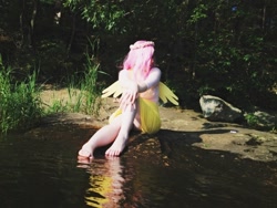 Size: 720x540 | Tagged: safe, artist:mintyblitzz, fluttershy, human, barefoot, cosplay, feet, female, irl, irl human, photo, solo, water