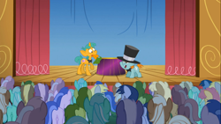 Size: 1366x768 | Tagged: safe, screencap, coco crusoe, derpy hooves, lyra heartstrings, mjölna, oakey doke, sea swirl, seafoam, silver spanner, snails, snips, pegasus, pony, unicorn, the show stoppers, background pony, background pony audience, bottlecap (character), clones, colt, derpies, female, food, fuchsia fizz, male, mare, welch