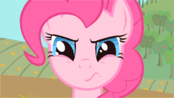 Size: 444x250 | Tagged: safe, screencap, applejack, pinkie pie, earth pony, pony, party of one, animated, bad poker face, barn, female, floppy ears, frown, glare, gritted teeth, long neck, mare, nervous, shifty eyes, suspicious, wide eyes