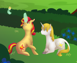 Size: 1024x830 | Tagged: safe, artist:coulorstrike, prince blueblood, sunset shimmer, pony, backwards cutie mark, crack shipping, female, flower, garden, glowing horn, magic, male, prince blueblood gets all the mares, shipping, straight, sunblood, telekinesis, younger