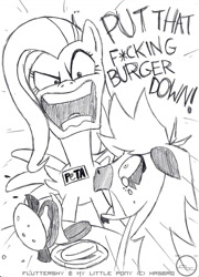 Size: 759x1053 | Tagged: safe, artist:arbok-x, fluttershy, oc, pegasus, pony, burger, censored, flutterrage, lineart, monochrome, peta, ponies eating meat, swearing, vegan, vulgar